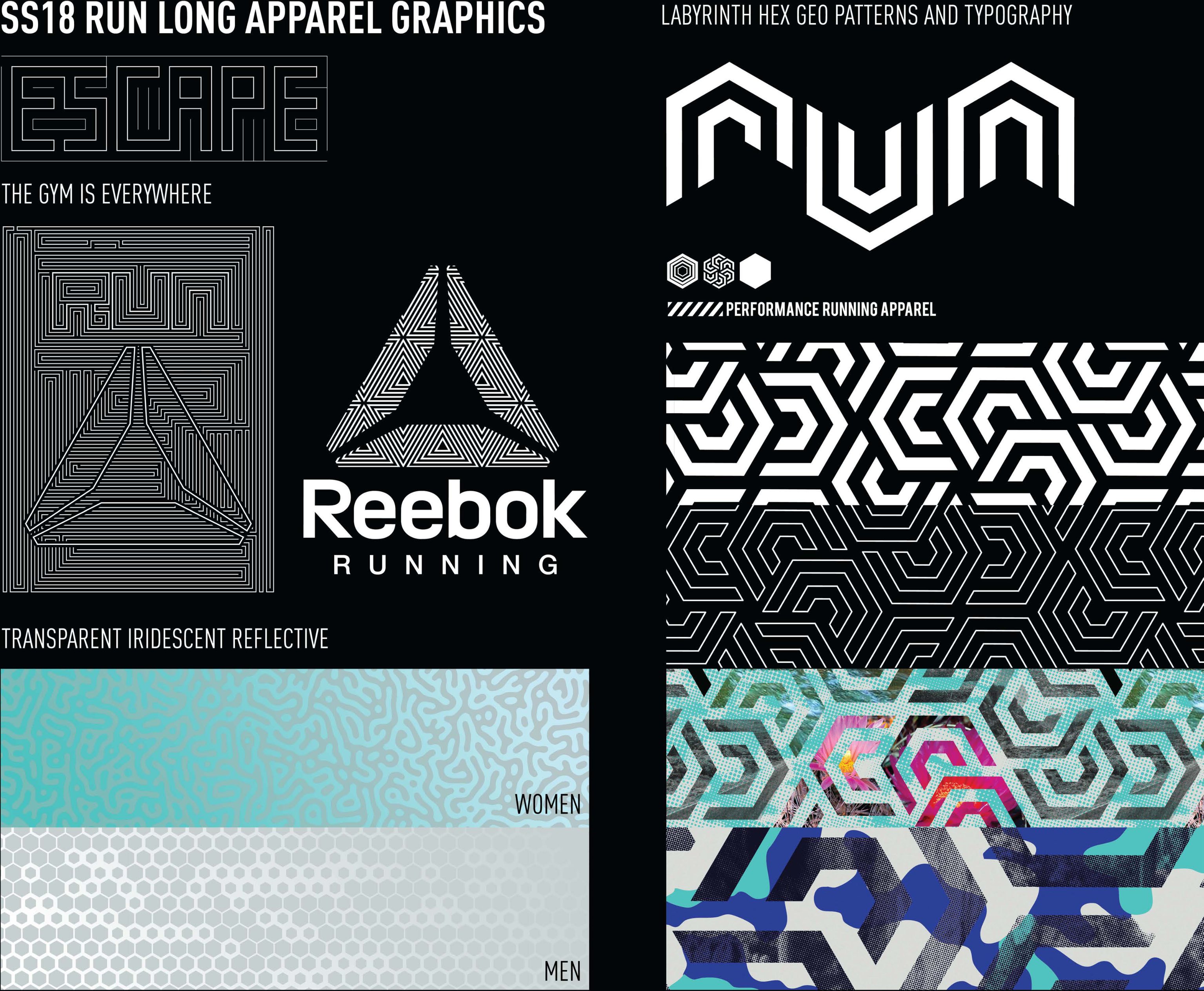 Reebok: Running graphic development with labyrinth geometry and iridescent reflective print swatches.