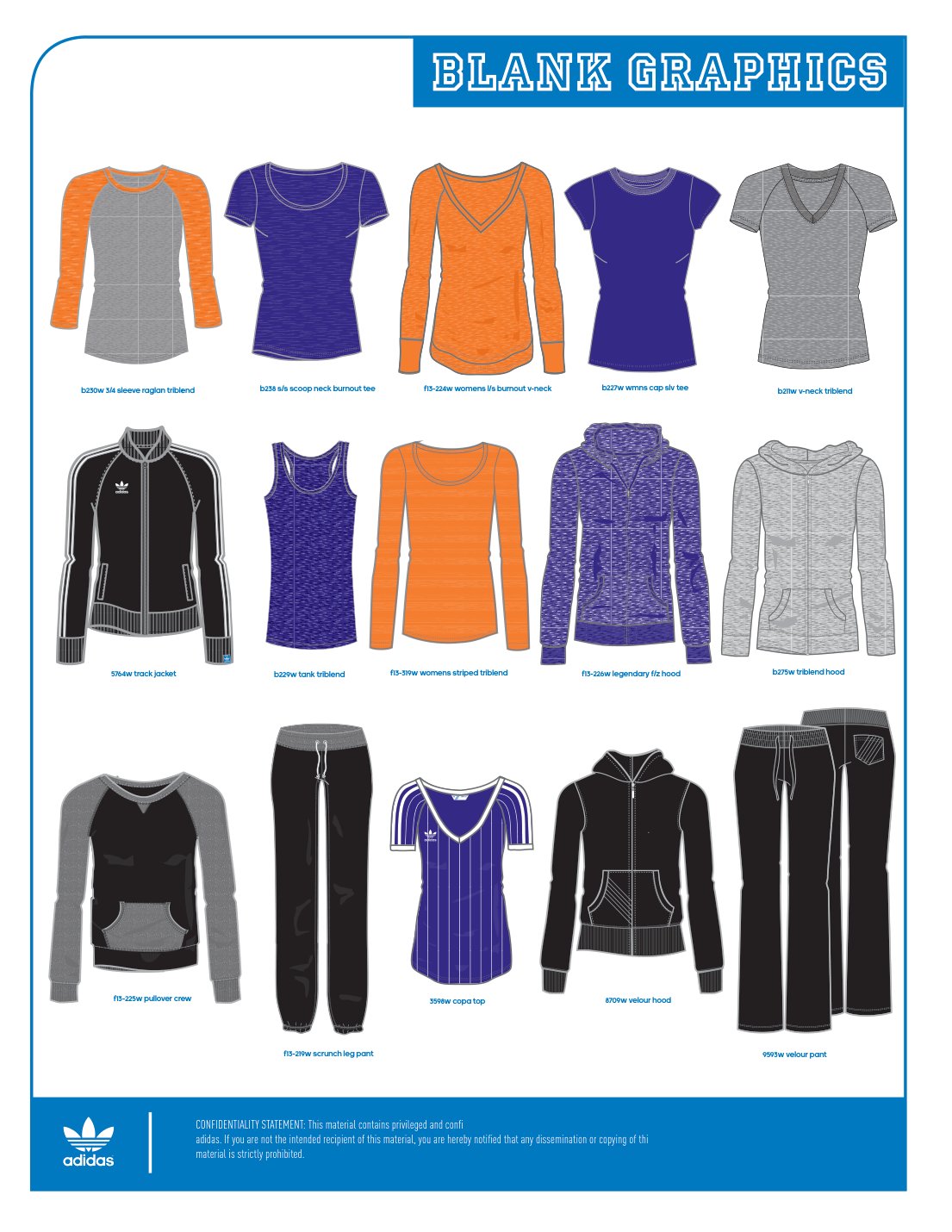 adidas: Womens collegiate assortment overview in orange, purple, grey and black.