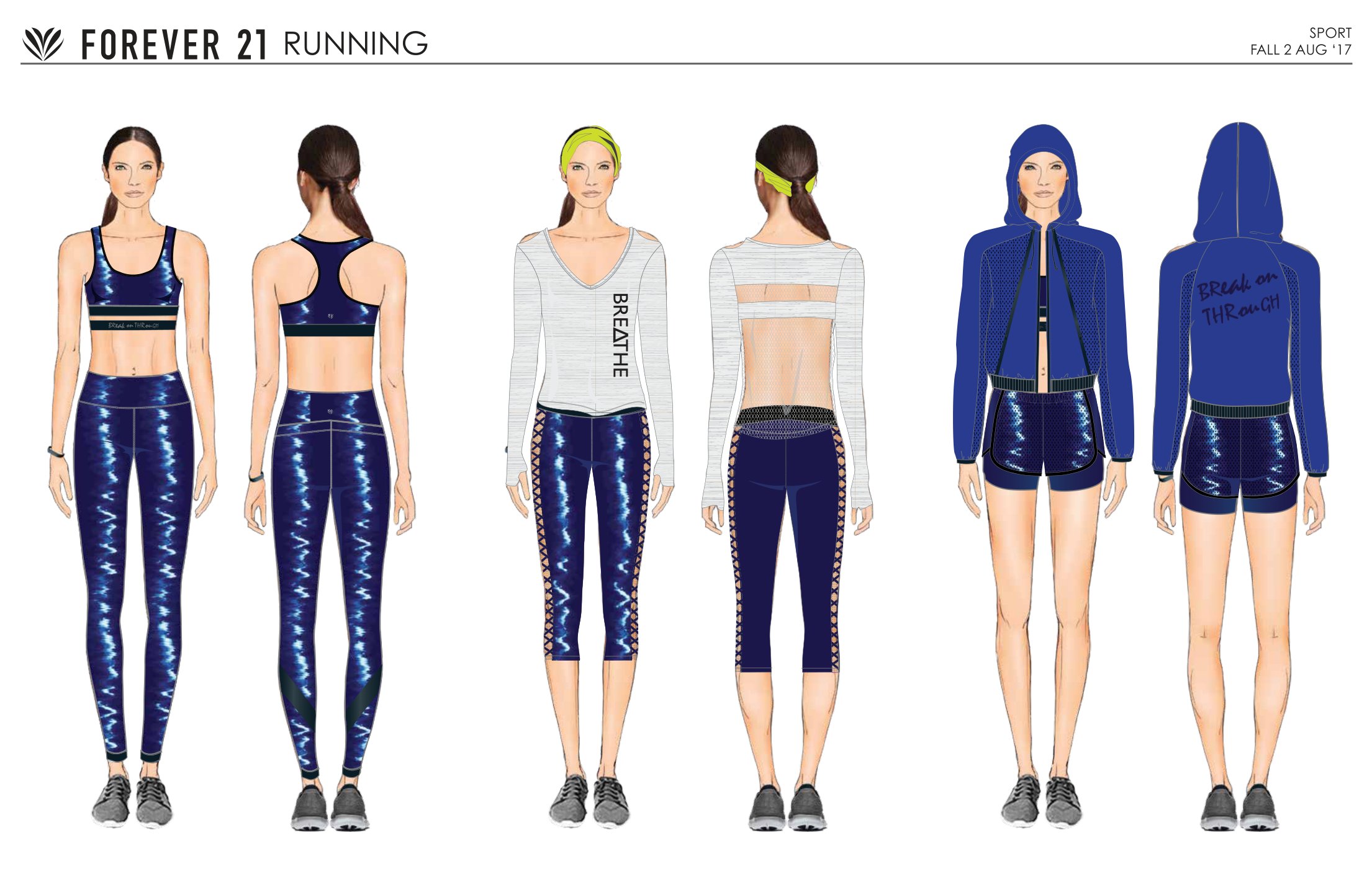 Forever 21: Running illustrated front/back range: blue print set, grey mesh-insert top, leggings, blue hooded jacket and shorts.