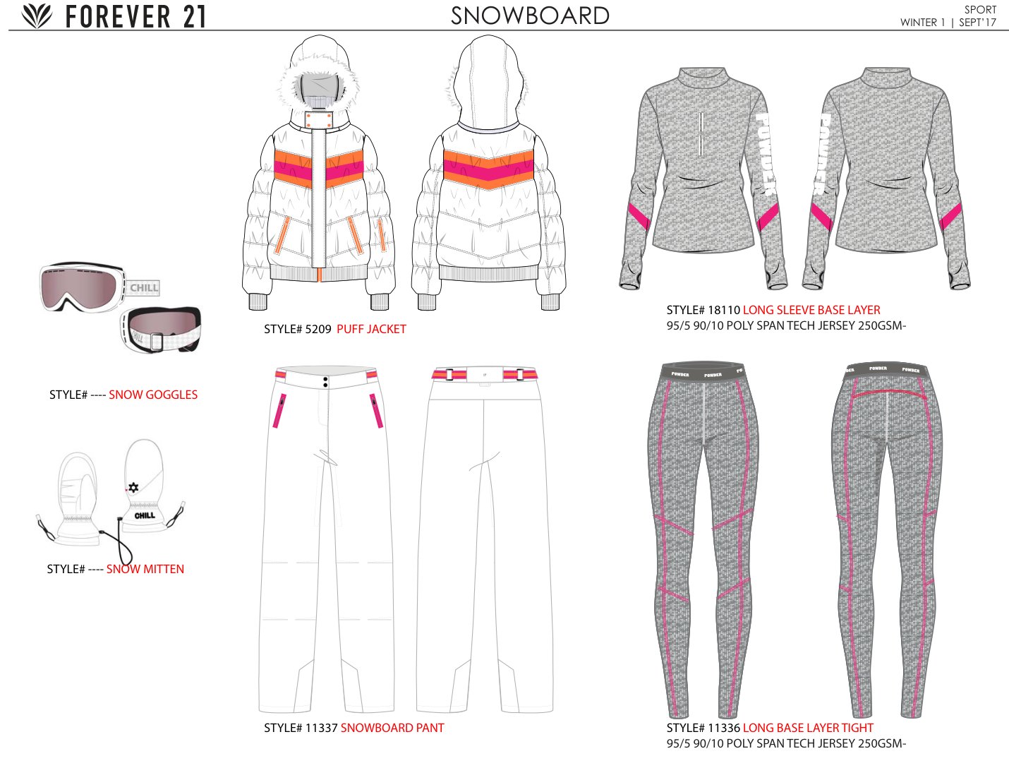 Forever 21: Snowboard front and back technical flats: white color-block puffer, snow trousers and grey patterned base layers with fabric and construction specifications.
