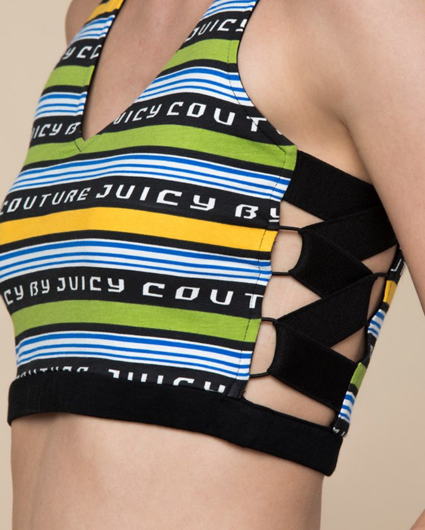 Juicy Couture: Striped Juicy crop-top detail with yellow, lime, blue and black bands and side-lacing construction.