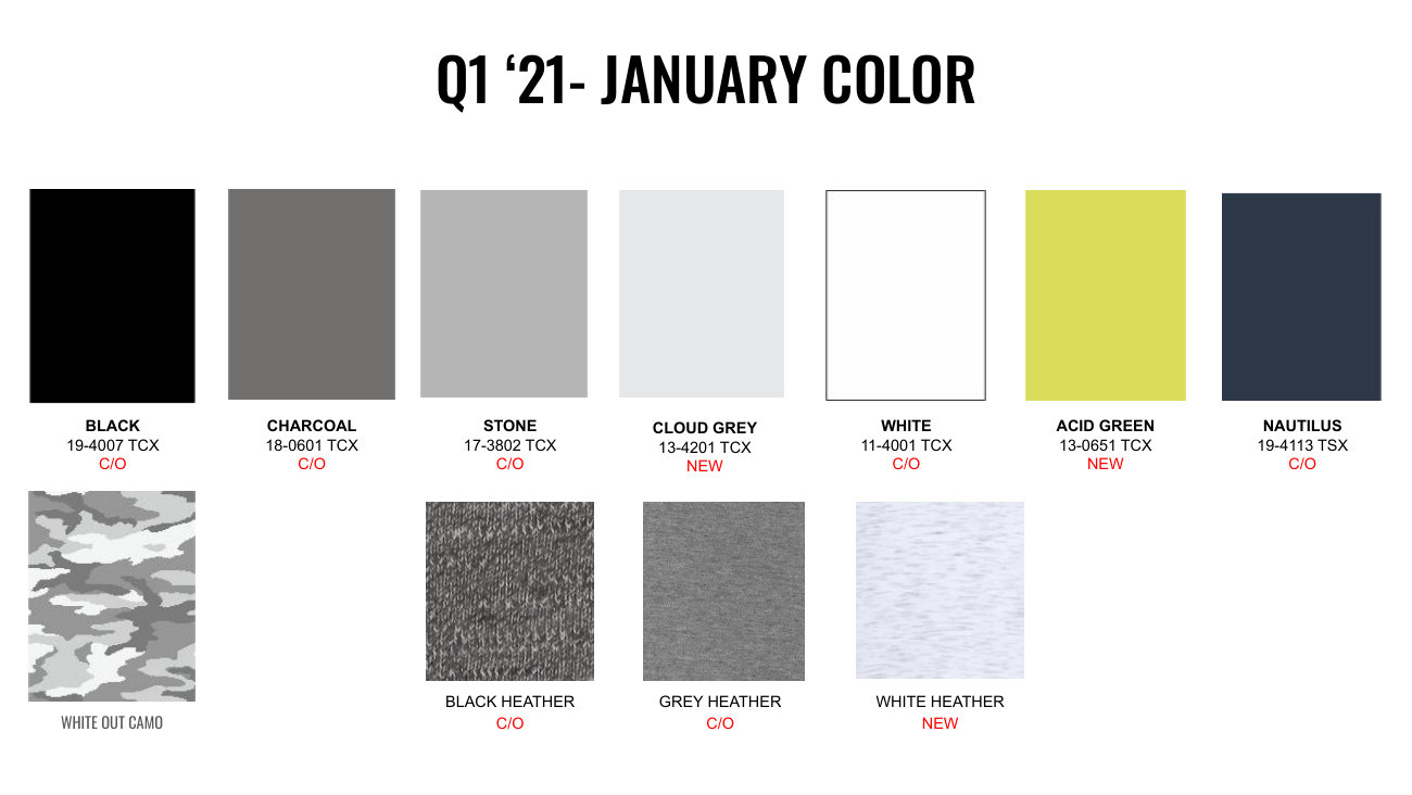 Fabletics: January neutral/acid-green palette with camouflage and three heather swatches.