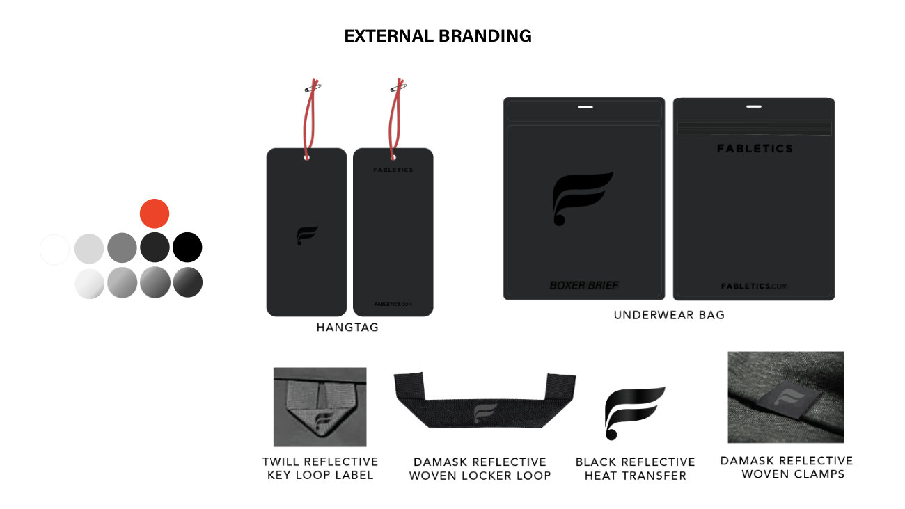 Fabletics: Hangtags, packaging and reflective twill, damask, heat-transfer and woven-clamp applications.