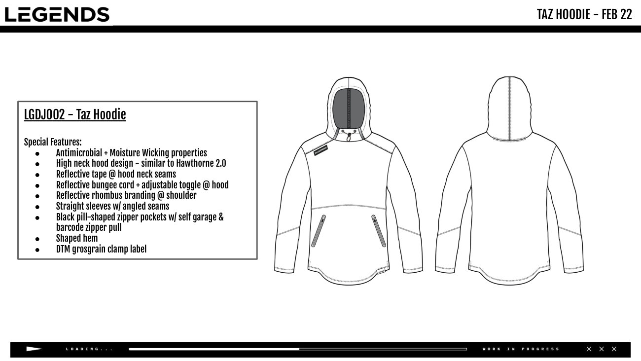 Legends: Front/back hoodie flats with construction and reflective-trim specifications.