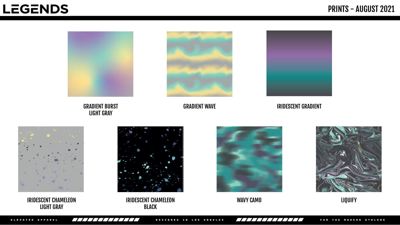 Legends: Seven original gradient, chameleon, camouflage and liquify print swatches.
