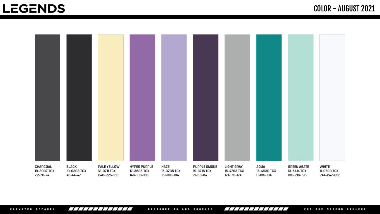 Legends: Ten-column palette with purple, aqua, neutrals and pale yellow; rasterized labels are color references, not financial data.