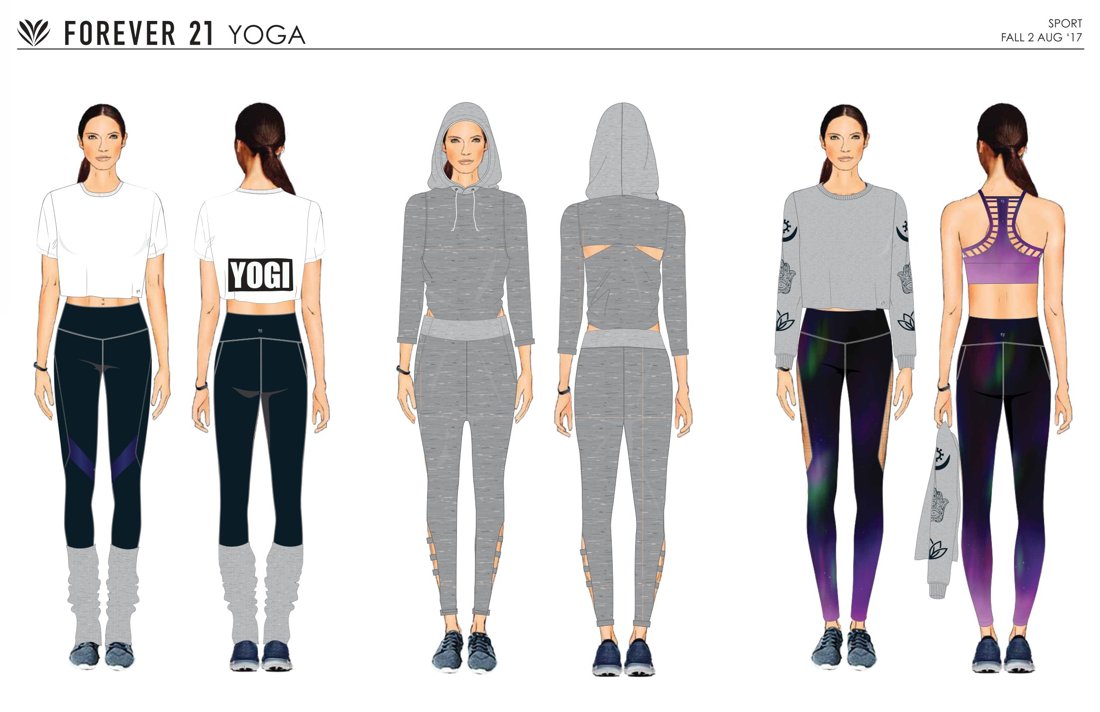 Forever 21: Yoga illustrated front/back outfits: white graphic tee, grey cutout hoodie set, galaxy leggings and ladder-back bra.